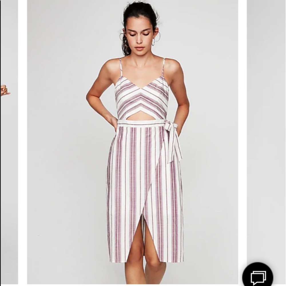 Striped Cut-Out Wrap Front Midi Dress